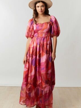 Peach Love California Pink and Red Abstract Puff-Sleeve Maxi Dress